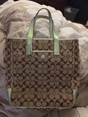 Coach 2000's Signature Canvas/Green Metallic Leather Tote